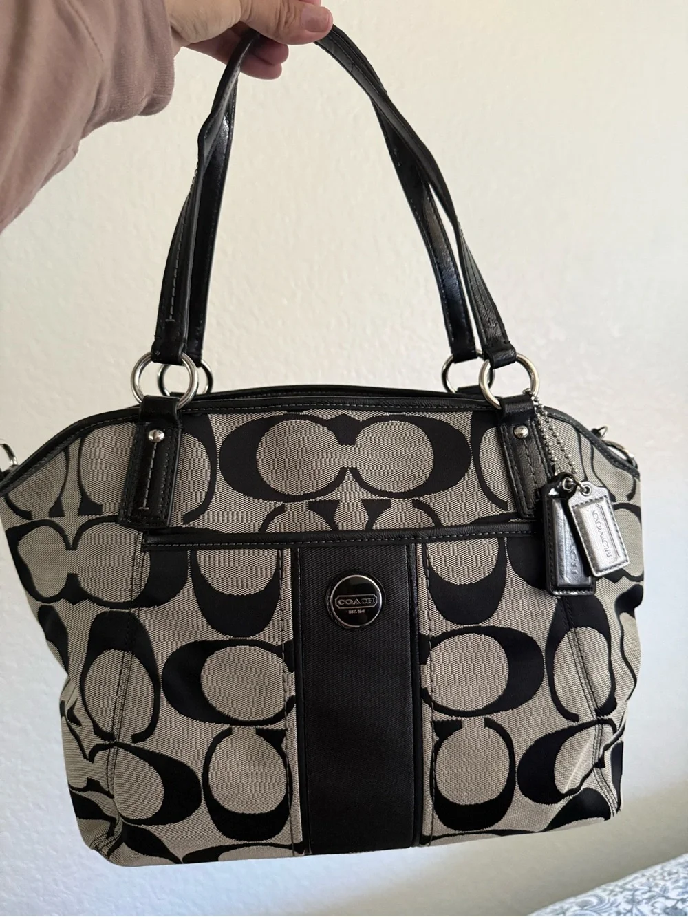 Coach Shoulder Bag in Black and Beige Signature Canvas & Wallet + Cleaner